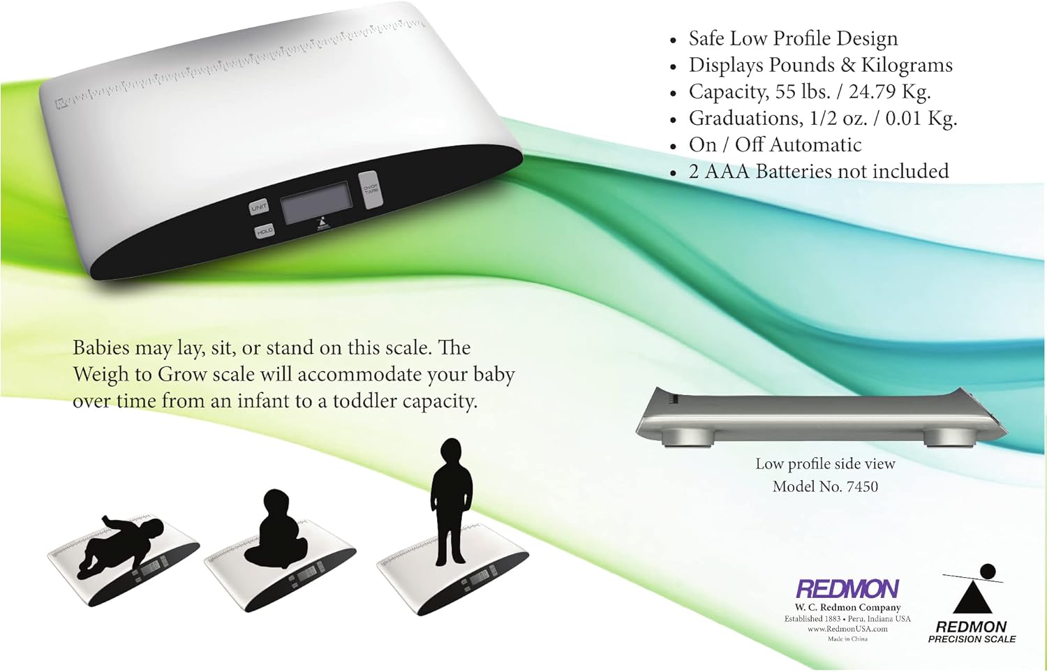 Redmon Weigh to Grow Precision Digital Baby Scale with illustrations of babies in different positions