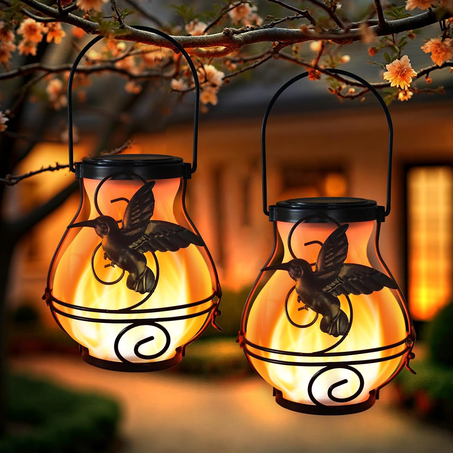 2 Pack Solar Lanterns Outdoor Waterproof Flickering Flame Lights Hummingbird Metal Hanging Solar Lantern Patio Porch Garden Decoration 2 Pack Solar Lanterns Outdoor Waterproof Flickering Flame Lights Hummingbird Metal Hanging Solar Lantern Patio Porch Garden Decoration