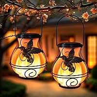 2 Pack X-PREK Solar Lanterns Outdoor Waterproof Flickering Flame Hummingbird Metal Hanging Lights for Patio Porch Garden