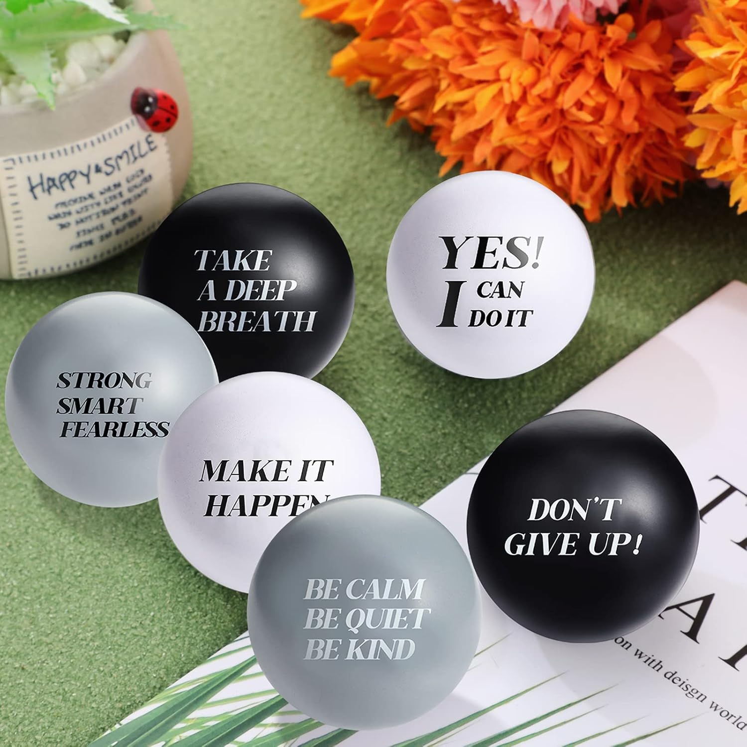 Jerify 60 Pcs Motivational Stress Balls Quote Relief Ball 1.57' Inspirational Foam Stress Ball Bulk Small Anxiety Hand Exercise Balls for Kids Teens Adults Relieve Anxiety Party(Black, White, Gray)