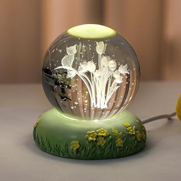 NIBHZ Crystal Ball Engraved with 3D Cat and Lily of The Valley Figurine with LED Colorful Base, Glass Cat Sphere Collectible Ornament,B-60mm