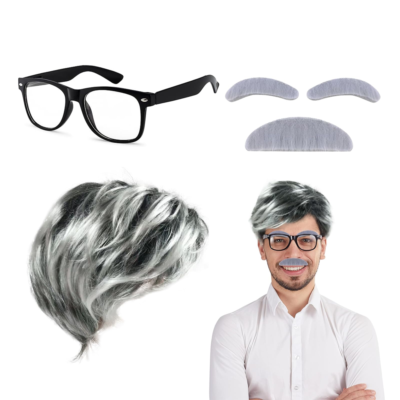 Snbuha Men's Grey 4 Pcs Grandpa Wig Set, Grandpa Costume Set, Wig Set Wigs Fake Beard Glasses, Fancy Dress Kit For Halloween Cosplay Theme Party