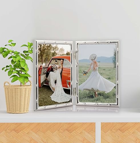 Miniatura 5 de Marcos de fotos dobles con detalles de bambú de 5 x 7 pulgadas, marco de fotos de metal doble plateado de 7 x 5 pulgadas, elegantes marcos de fotos