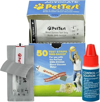 PetTest Blood Glucose Test Strips 2x50 Pieces and Control Solution 4ml, for Use with a Glucometer Monitor for Dogs & Cats