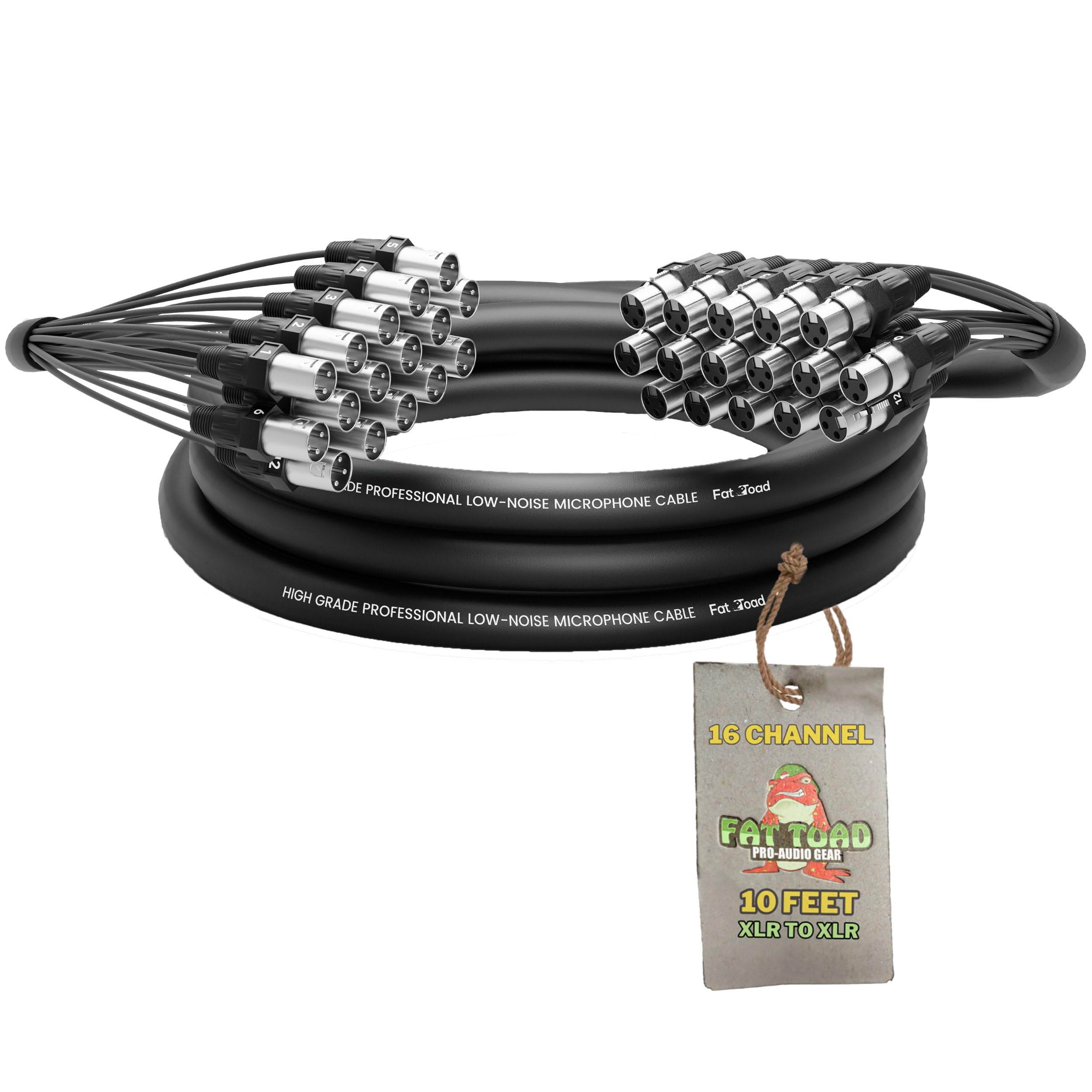 Fat Toad 10ft 16-Channel XLR Snake Cable (ShieldedPRO X Series) – Audio Patch Wire for Studio, Stage, Mic Cord Interface, DJ Mixer, Amp & Live Sound Gear