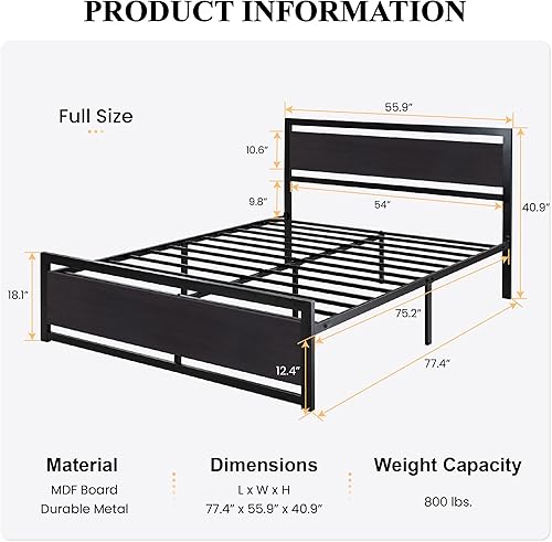 Miniatura 2 de SHA CERLIN Marco de cama tamaño completo con cabecera moderna, base de plataforma de metal resistente con pie de cama cuadrado y soporte de 13 Negro