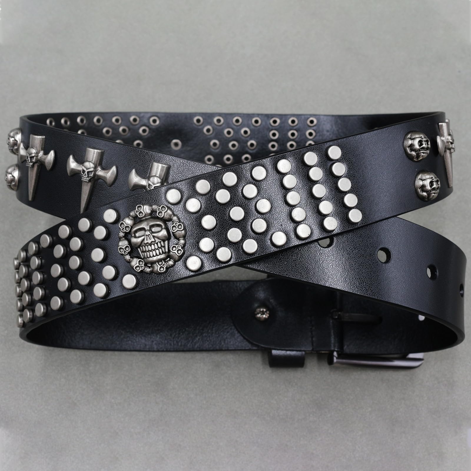 Punk-Style Gürtel mit Kreuz und Nieten-Totenkopf - Echtleder Gürtel für Herren, Vielseitiges Totenkopf-Nietengürtel, Passt zu Jeder Outfit-Kombination(105cm/41, Black)