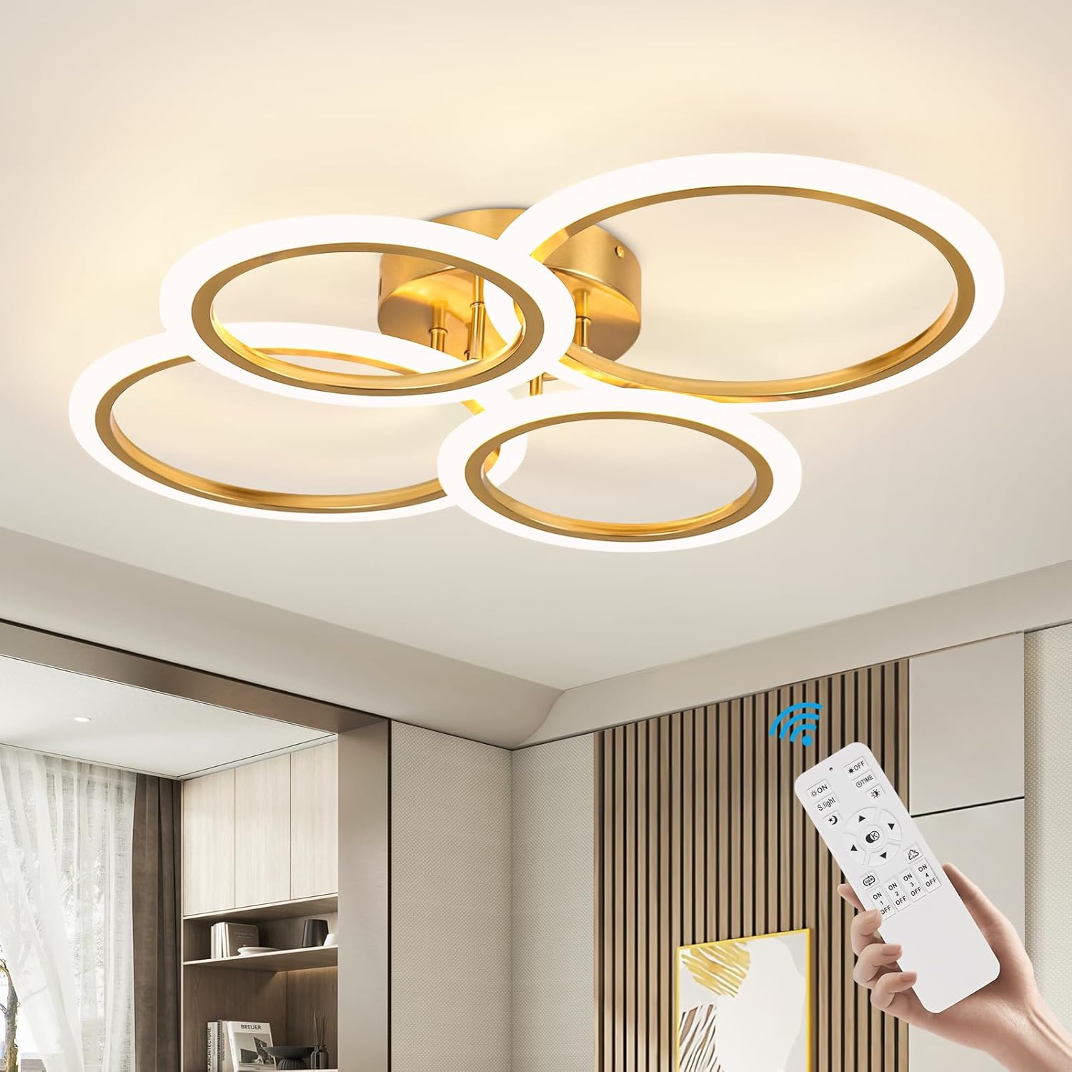 Modern LED Ceiling Light, 4 Rings LED Dimmable Flush Mount Ceiling Light with Remote Control, Gold Close to Ceiling Lamp for Kitchen Living Room Bedroom Laundry Room Ceiling Lighting Fixture Gold 4 Heads