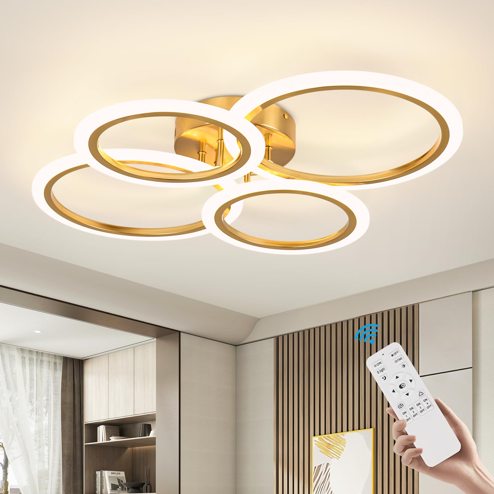 Vloitgol Modern Ceiling Light LED, 73cm Gold LED Dimmable Ceiling Lights Fixtures with Remote Control, 4 Rings Ceiling Lamp LED for Living Room Dining Room Bedroom Office Kitchen Hallway Light - 50W — image 1