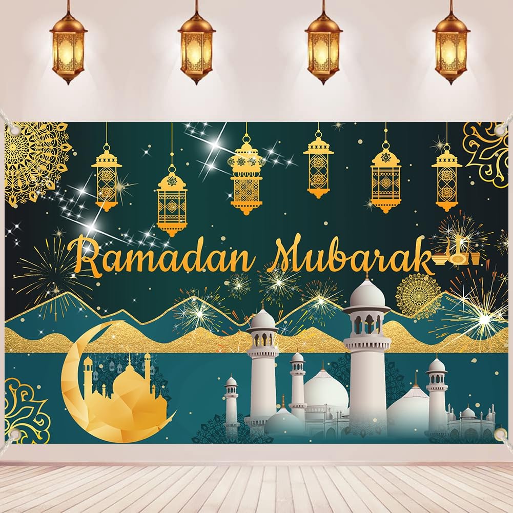 Large Ramadan Mubarak Banner Decorations, Ramadan Mubarak Photo Booth Backdrop Decor for Home, Muslim Ramadan Mubarak Background for Eid Party Supplies(72x44In)