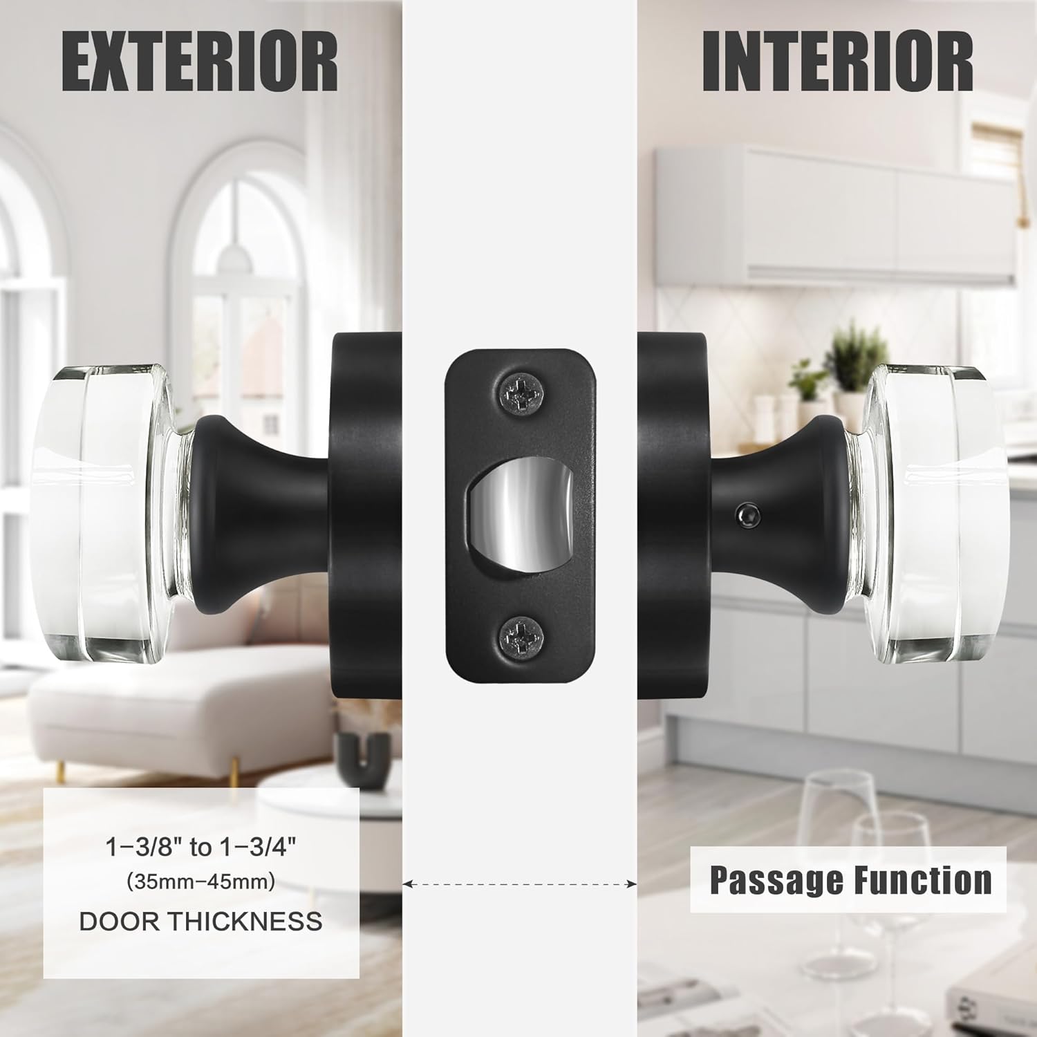 Matte Black Crystal Door Knobs Passage Door Knobs Interior, Round Vintage Glass Door Knob Black Door Handle for Hallway Pantry Closet Door Knob