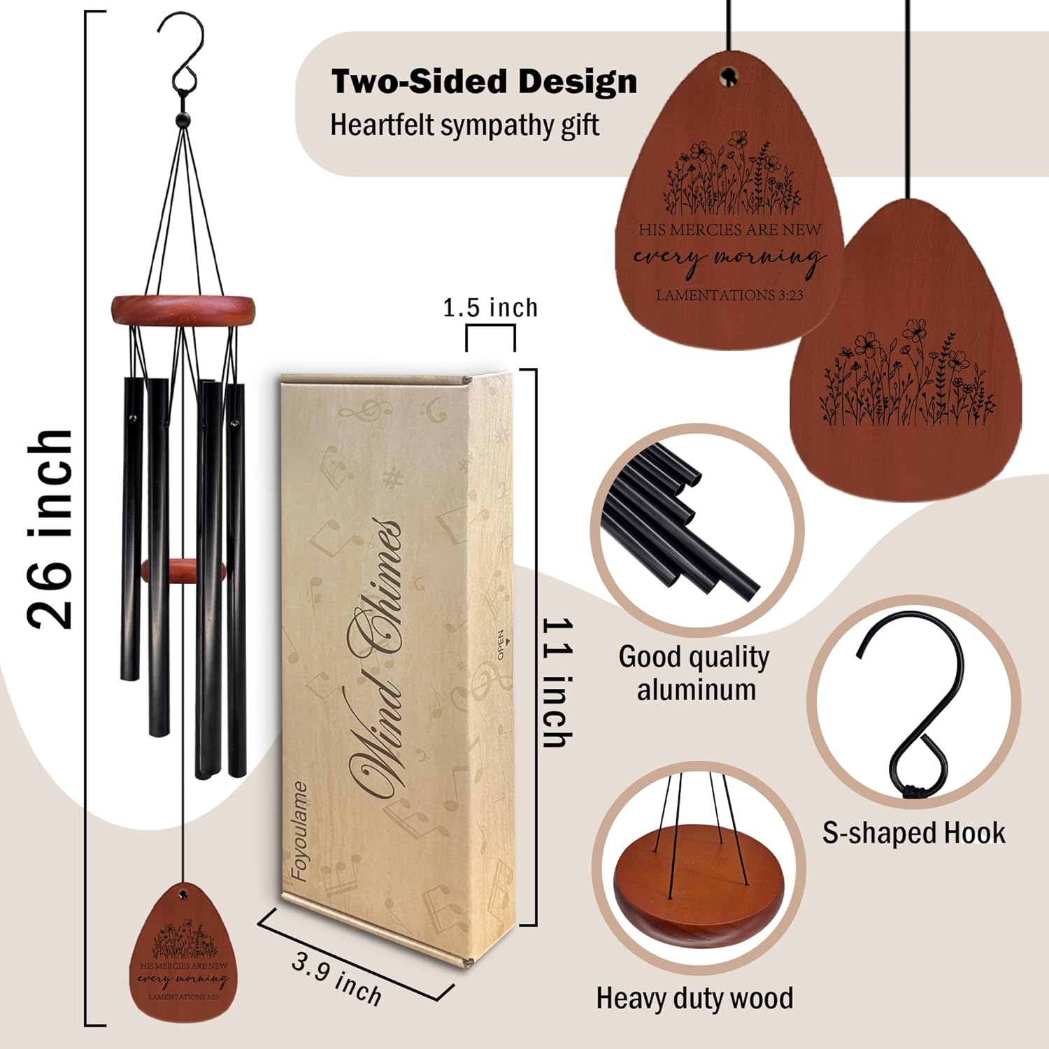 Christian Gifts Wind Chimes, Bible Verse Decor Wind Chimes, Christian Faith Based Religious Gifts for Women Men, His Mercies are New Every Morning Bible WindChimes for Outside 26" Inches - Image 7