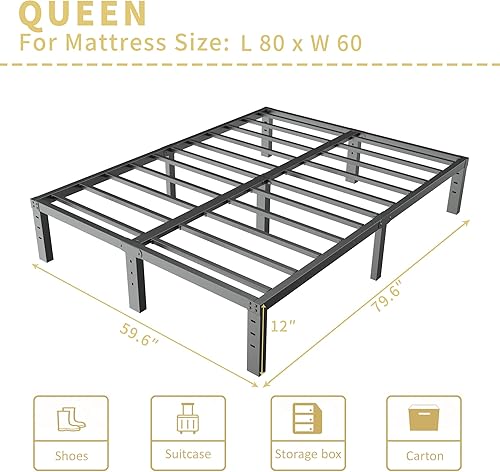Miniatura 2 de ALDRICH Marco de cama de metal de 12 pulgadas, tamaño Queen, plataforma de listones de acero básico negro doble, marcos de cama resistentes sin