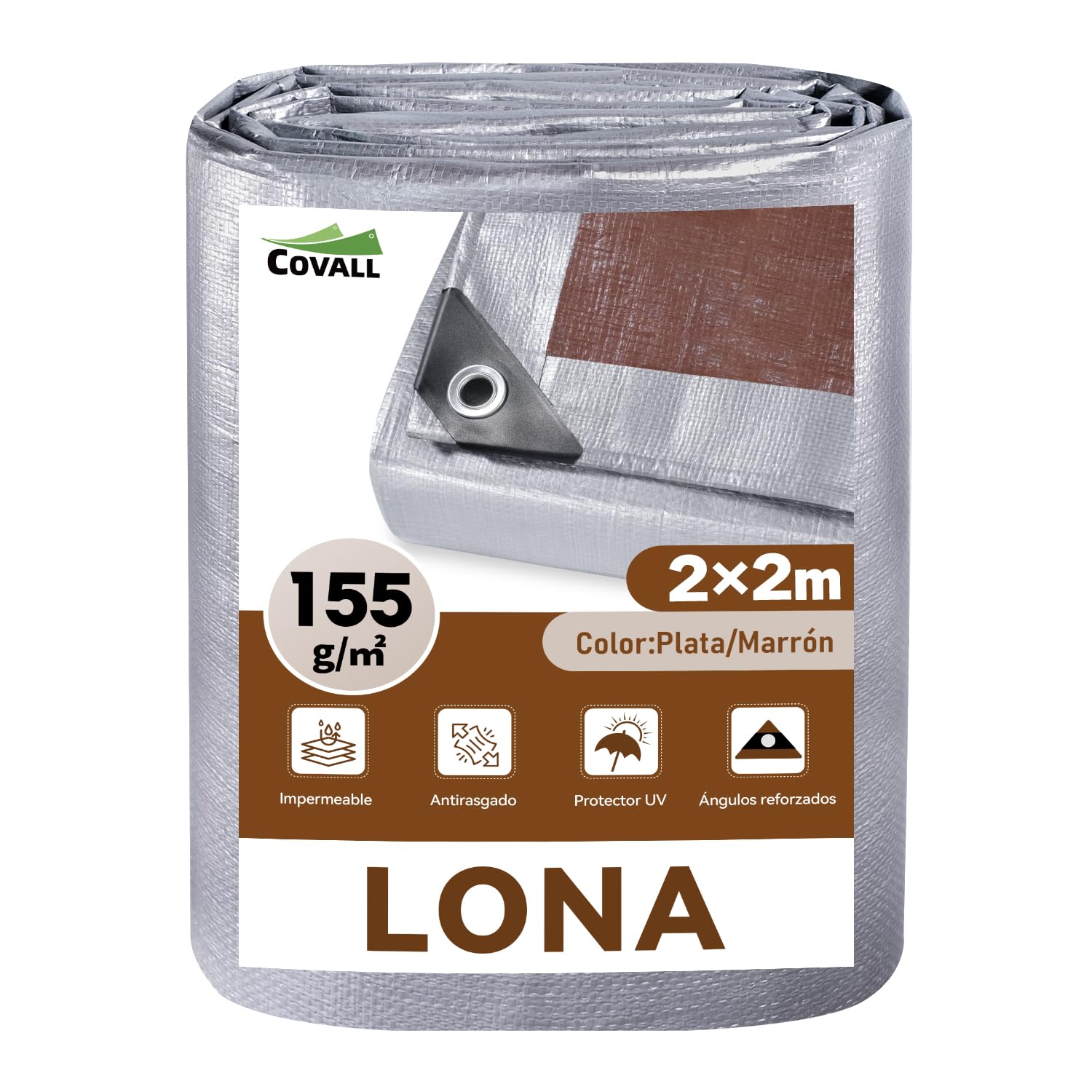 Lona resistente anti-UV de 2x2 metros con doble cara plata y marrón para cubrir madera