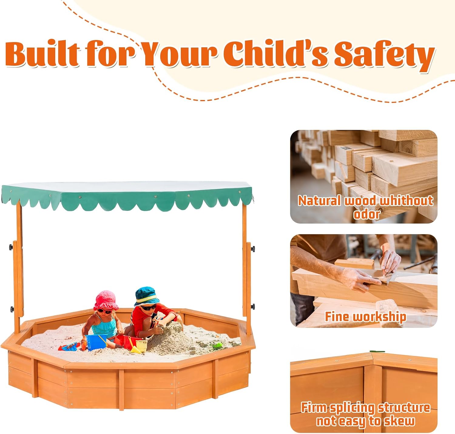 ISBA Wooden Kids Sandbox with Adjustable Cover and Canopy Octagon Outdoor Large Sandpit for Aged 3–9,Backyard Play,Weather-Resistant,Natural