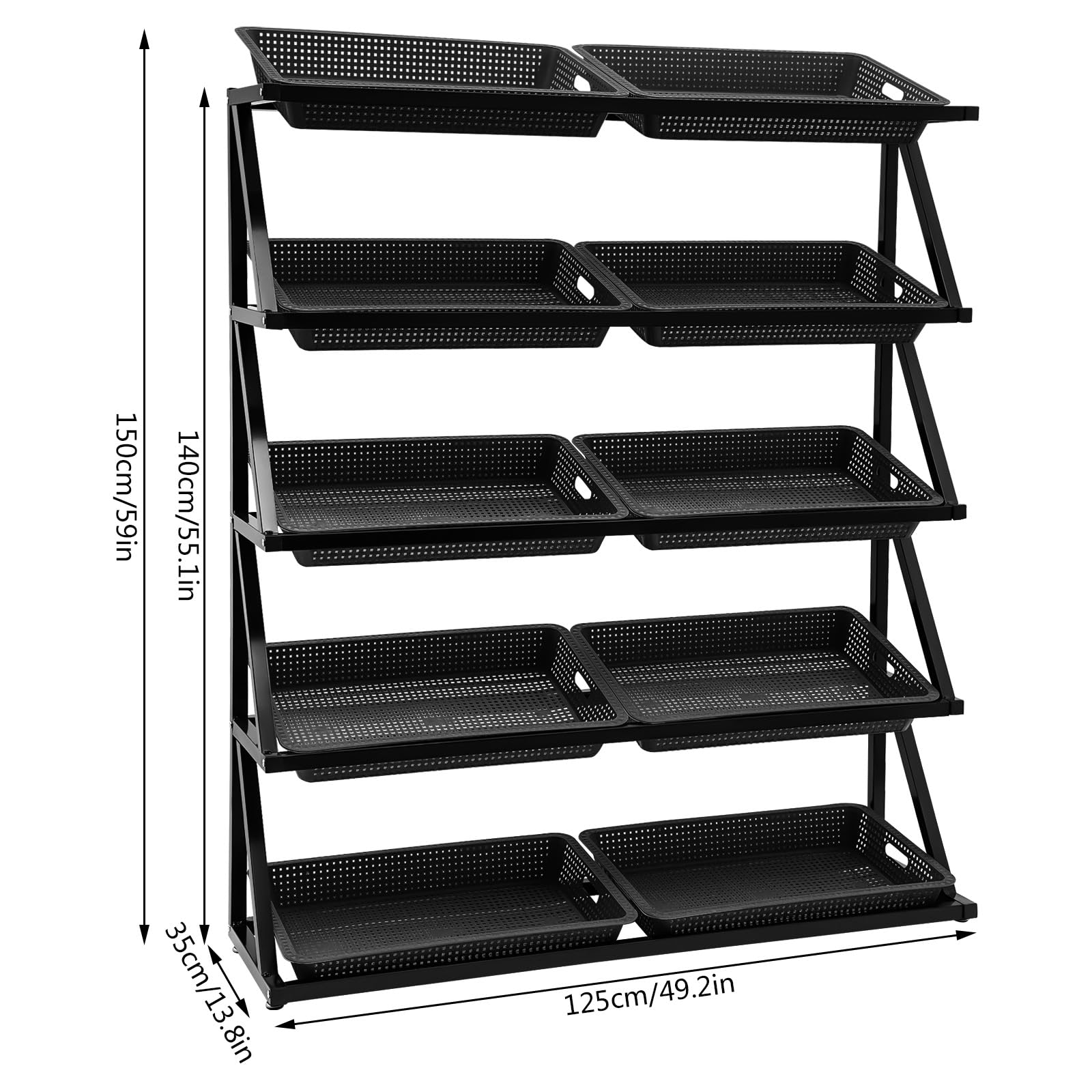 NINSHEIN 5-Tiers Black Supermarket Retail Rack Display Stand with 10x Baskets Freestanding Retail Display Shelves to Put Fruits Snacks Toys for Store 49.2 * 13.8 * 59in