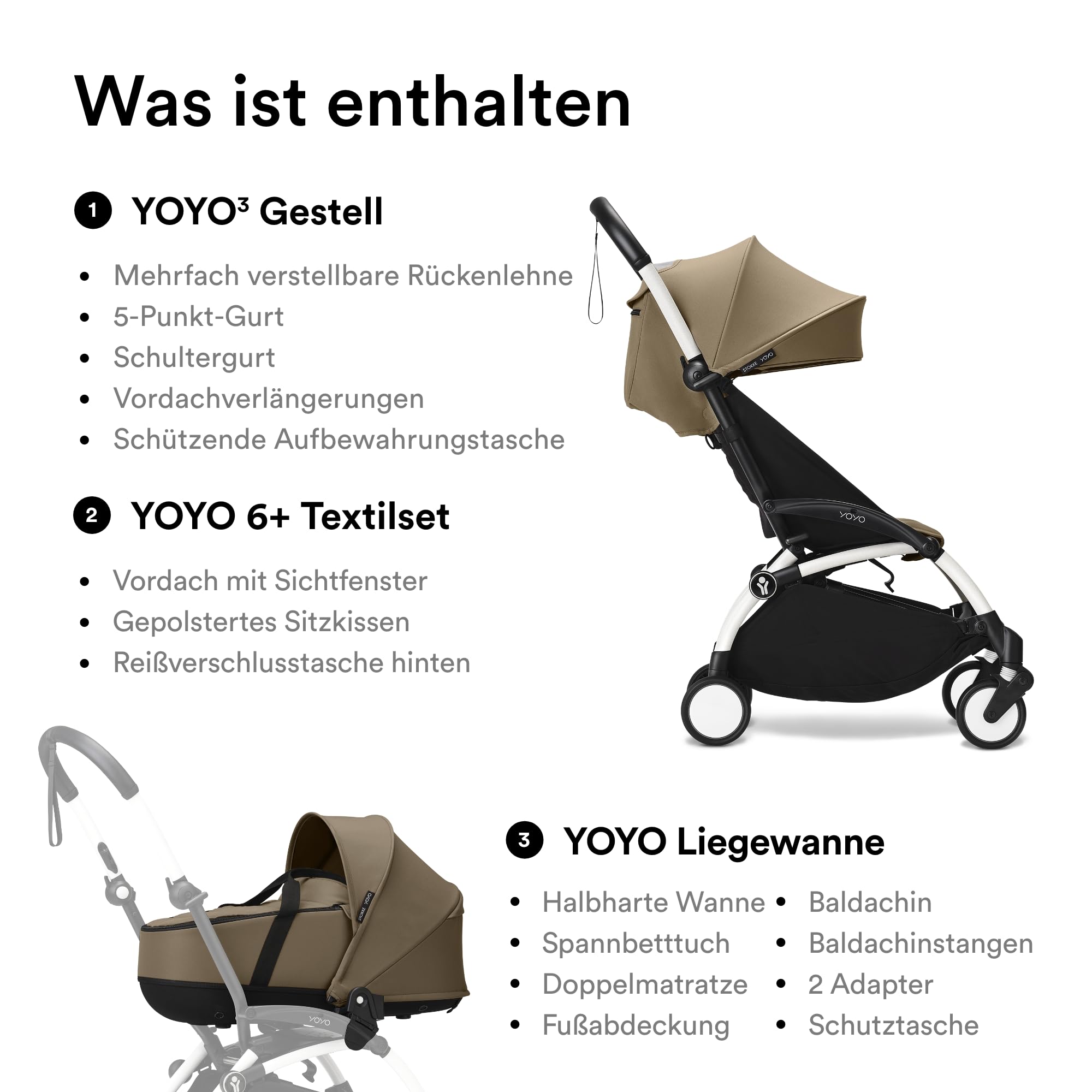 Stokke YOYO3 Kinderwagen mit Liegewanne - Weißer Rahmen, YOYO 6+ Textilset (Toffee) & Liegewanne (Toffee)