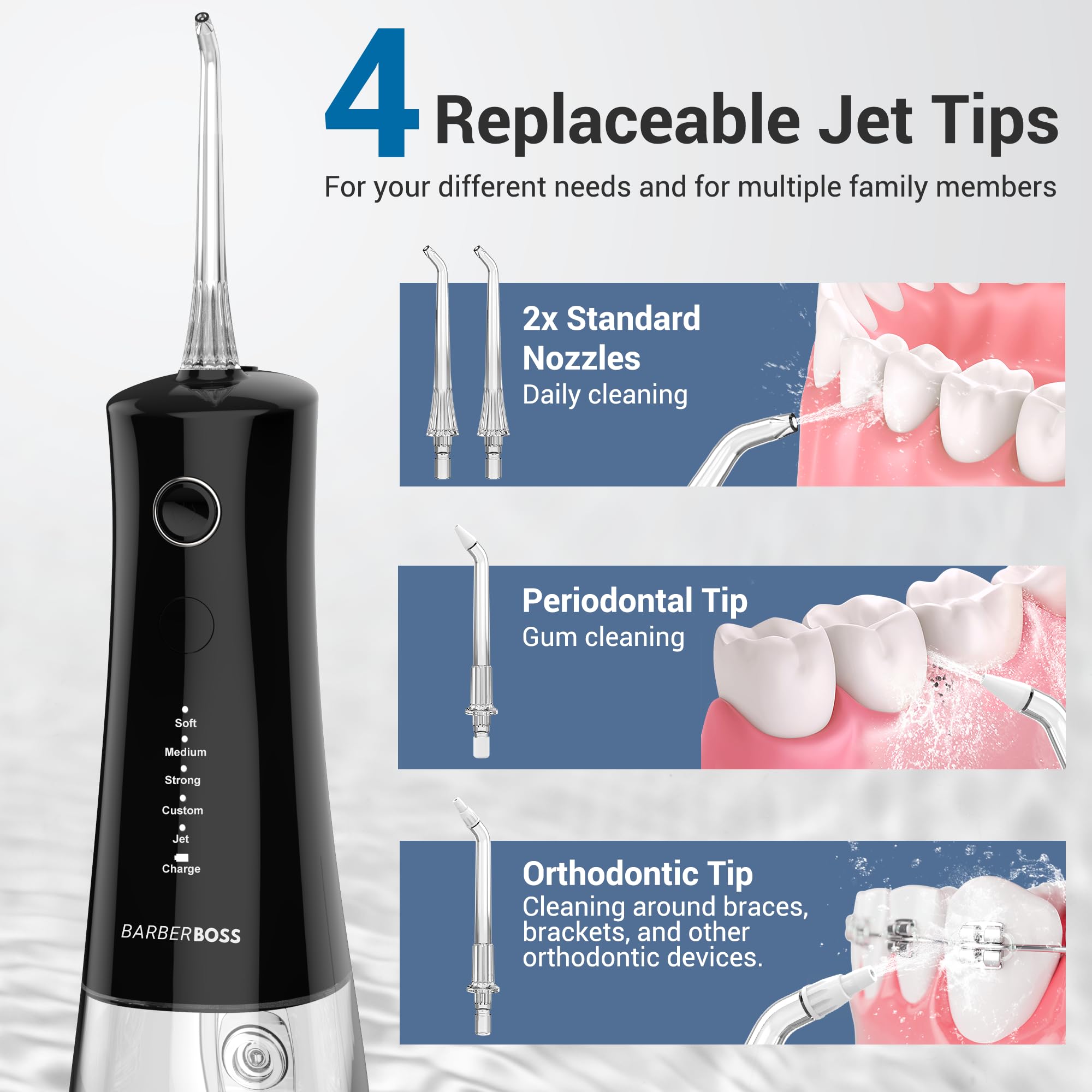 BarberBoss Hydropulseur sans fil, irrigateur buccal avec 4 embouts de jet et 5 modes de pression, nettoyeur professionnel pour dents et gencives, réservoir d'eau de 340 ml et étanchéité IPX8, QR-7105
