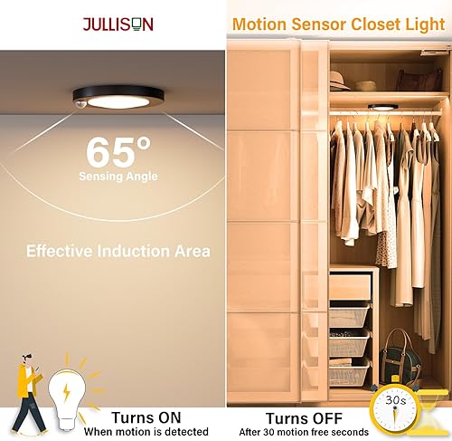 Miniatura 3 de JULLISON Luz de techo LED negra con sensor de movimiento 5CCT seleccionable en campo de 4 pulgadas, luz de armario con cable de 120 V, 10 vatios,