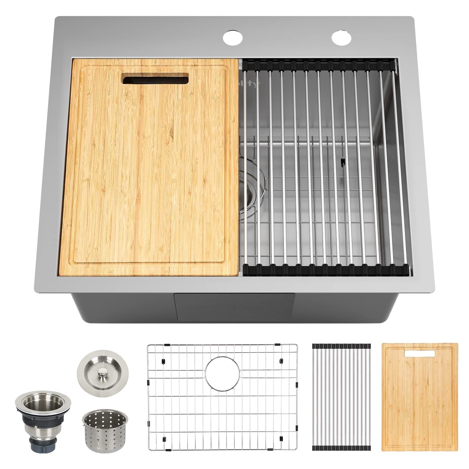 Hykolity 25 In. Drop In Workstation Kitchen Sink, 16 Gauge Single Bowl