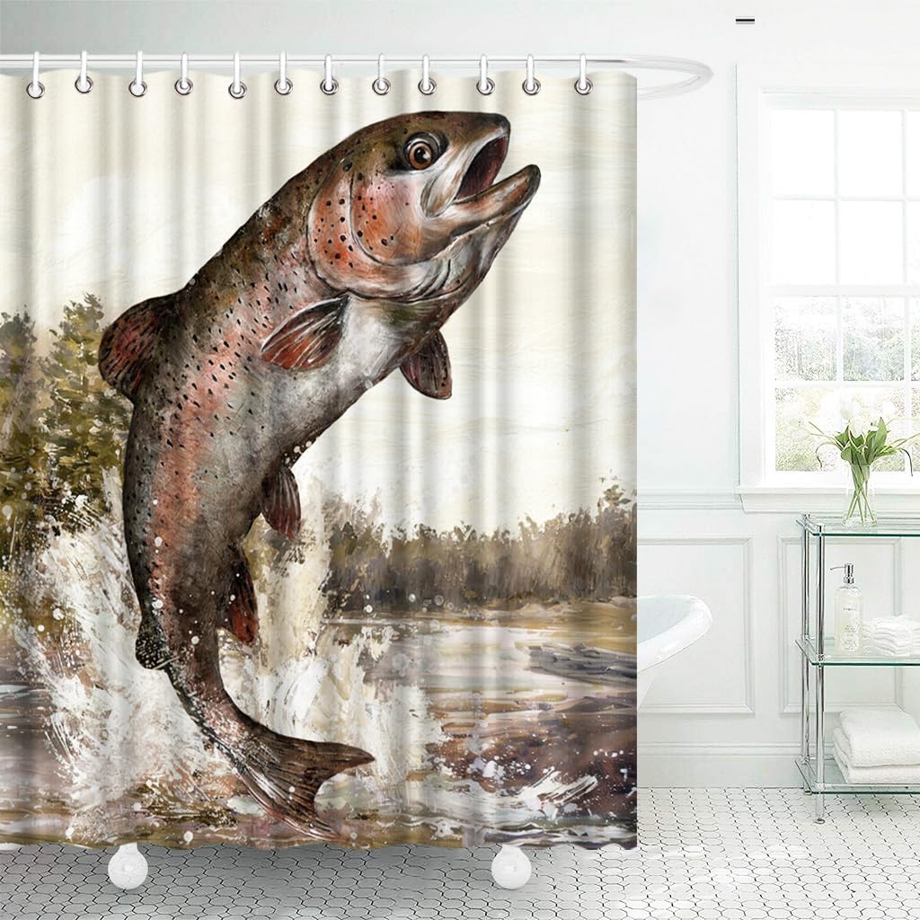Fish Shower Curtain Trout Fish Jumping Bathroom Curtain Lake Scene Bathroom Decor, Fishing Theme with 12 pcs Hooks 72''L x 72''W