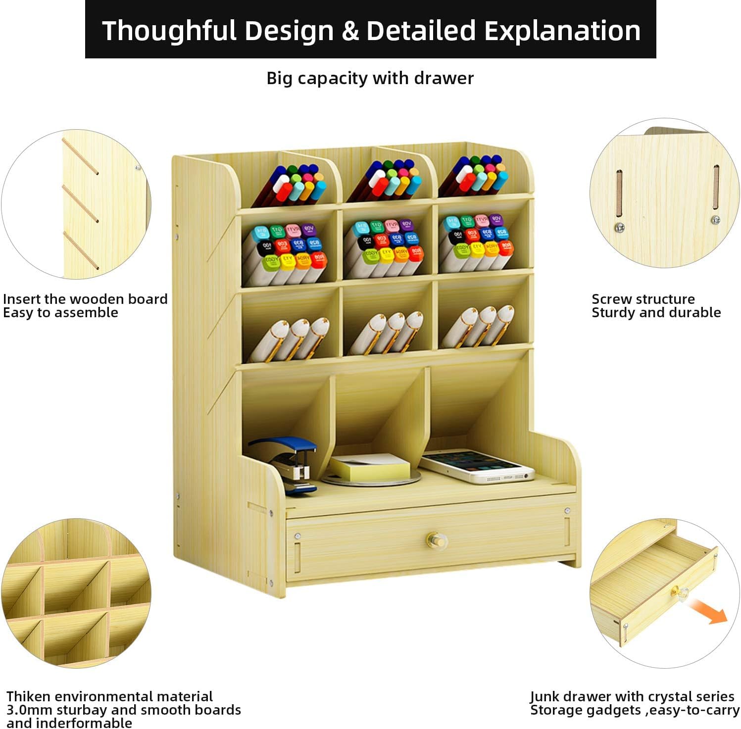 Organizzatore Scrivania Organizer da Scrivania in Legno con Cassetto Portapenne Multifunzionale Fai-da-Te per Ufficio(Natural,21 * 15 * 25.5cm)