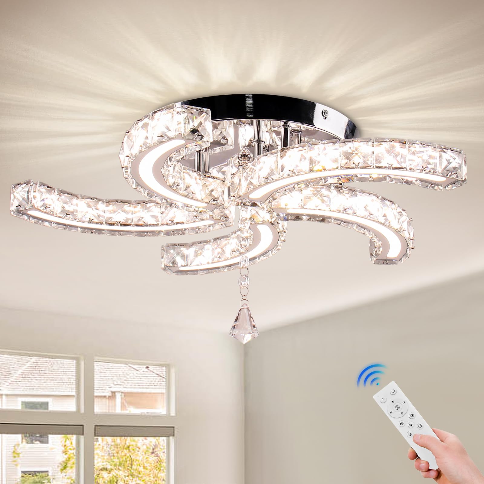 Finktonglan 19.7" Dimmable Crystal Chandeliers, Modern Crystal Ceiling Light, Remote Control and Smart APP Control, LED Flush Mount Chandeliers Ceiling Light for Dining Room Living Room Bedroom