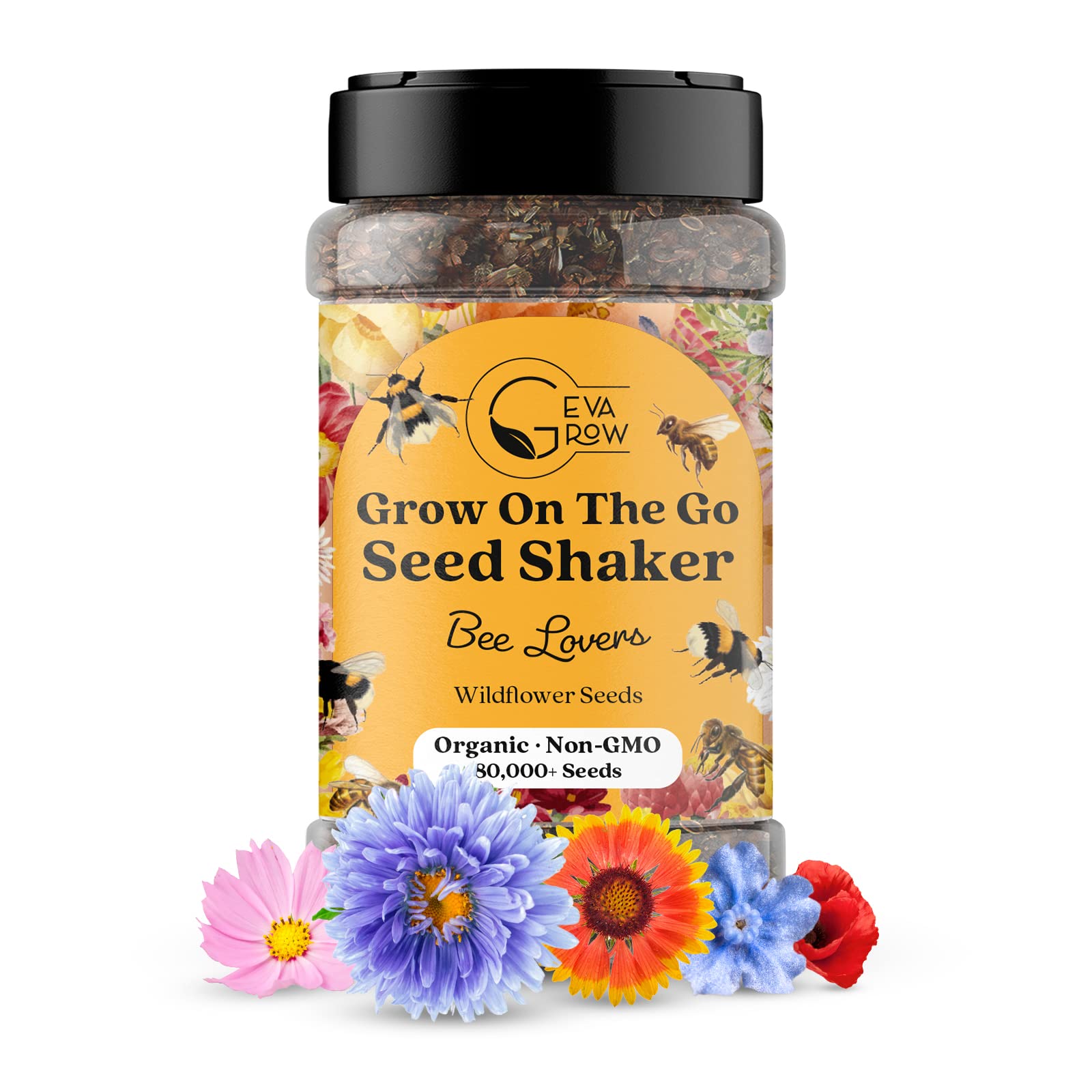 Mini Wildflower Seed Shaker - Save The Bees Seed Mix, by GevaGrow | 80,000+ Seeds | Pollinator & Bee Attracting Flower Seeds Bulk for Planting in Pots & Outdoor Gardens | 2 Ounce
