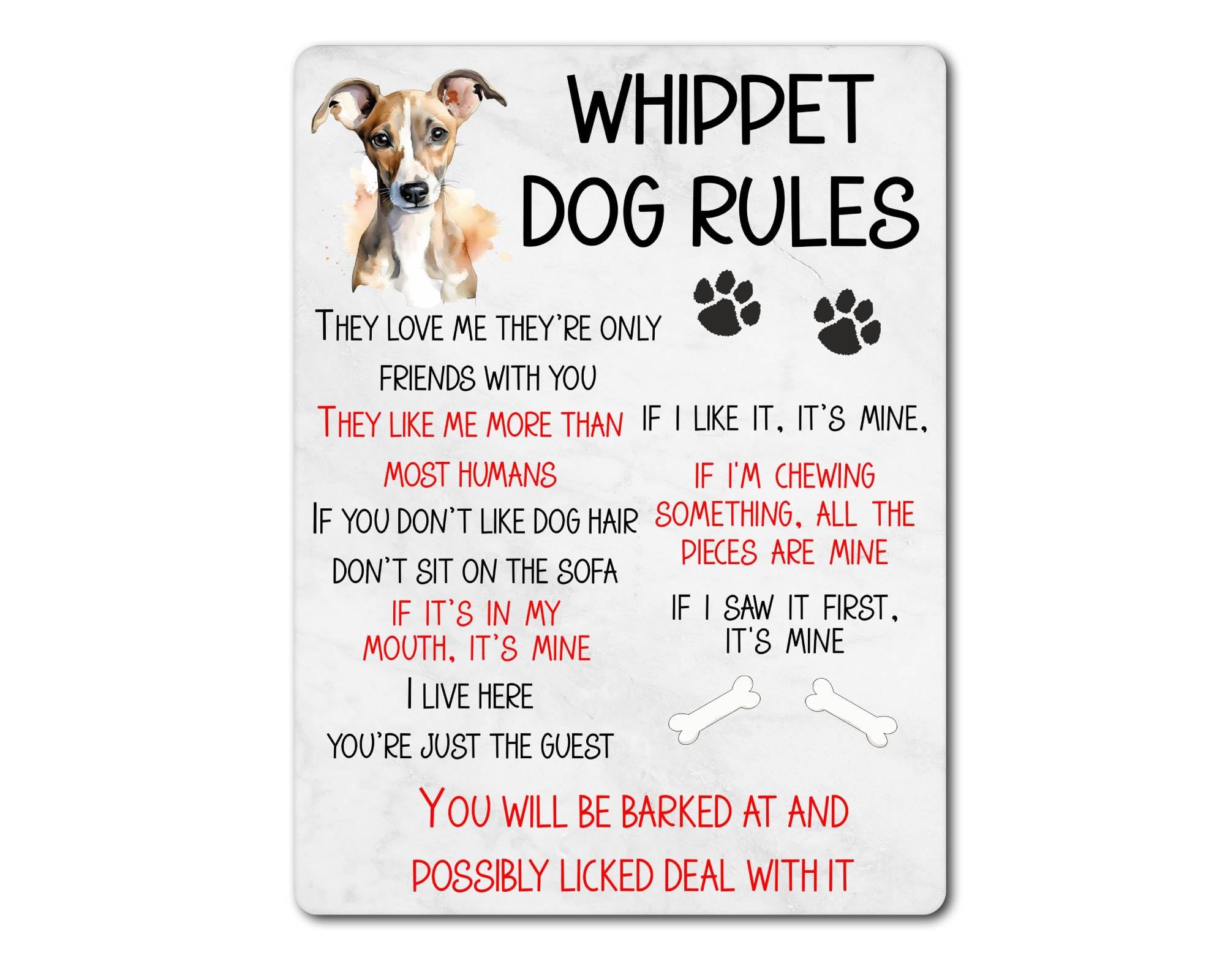 Decalarama Dog And Text Color Whippet Dog Metal Sign Gift – Whippet Rules – If I Like It It's Mine - Family Fun Pet Animal Novelty Aluminium Present