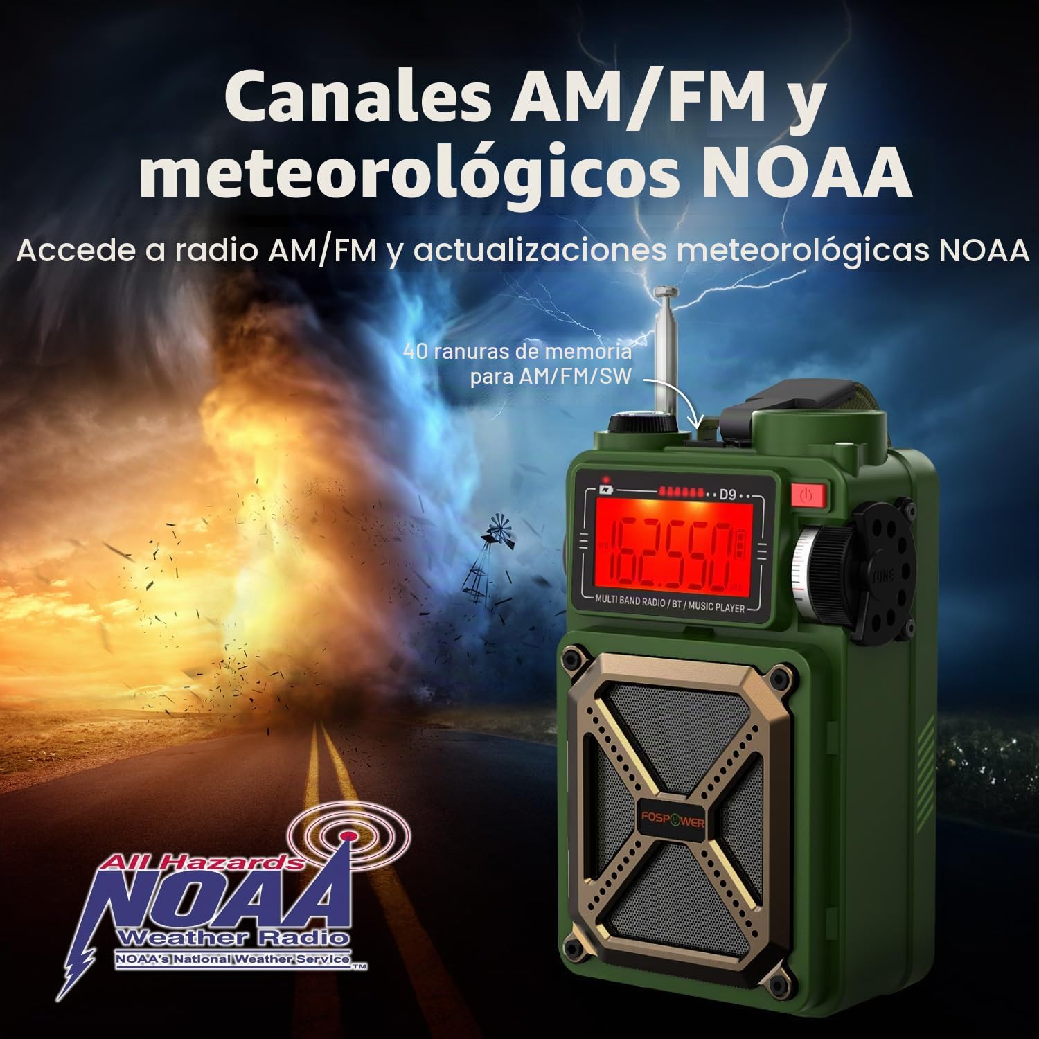 FosPower Radio de Emergencia Tiempo con Altavoz Bluetooth, 14800mWh | Manivela USB-C Carga Solar NOAA AM/FM SOS Alarma Linterna LED Conector Auriculares Pantalla Escaneo Digital, para Emergencias