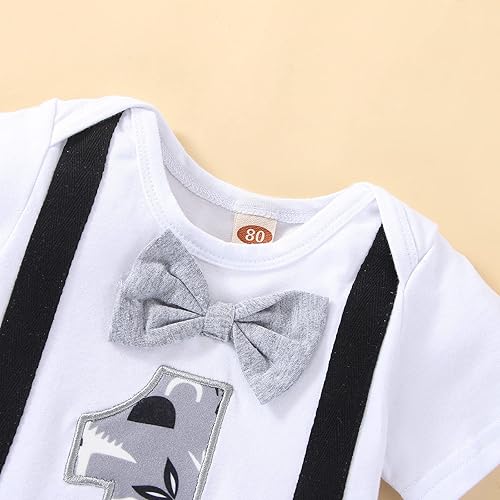 Miniatura 4 de Conjunto de 3 piezas para bebé niño con estampado de pastel de dinosaurio para primer cumpleaños, caballero con corbatín y tirantes y pantalones