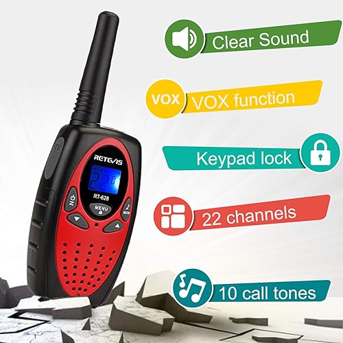 Miniatura 3 de Walkie Talkies de juguete Retevis RT628 para niños con 22 canales FRS UHF 462550- 4677125MHz de dos direcciones color rojo paquete de 2