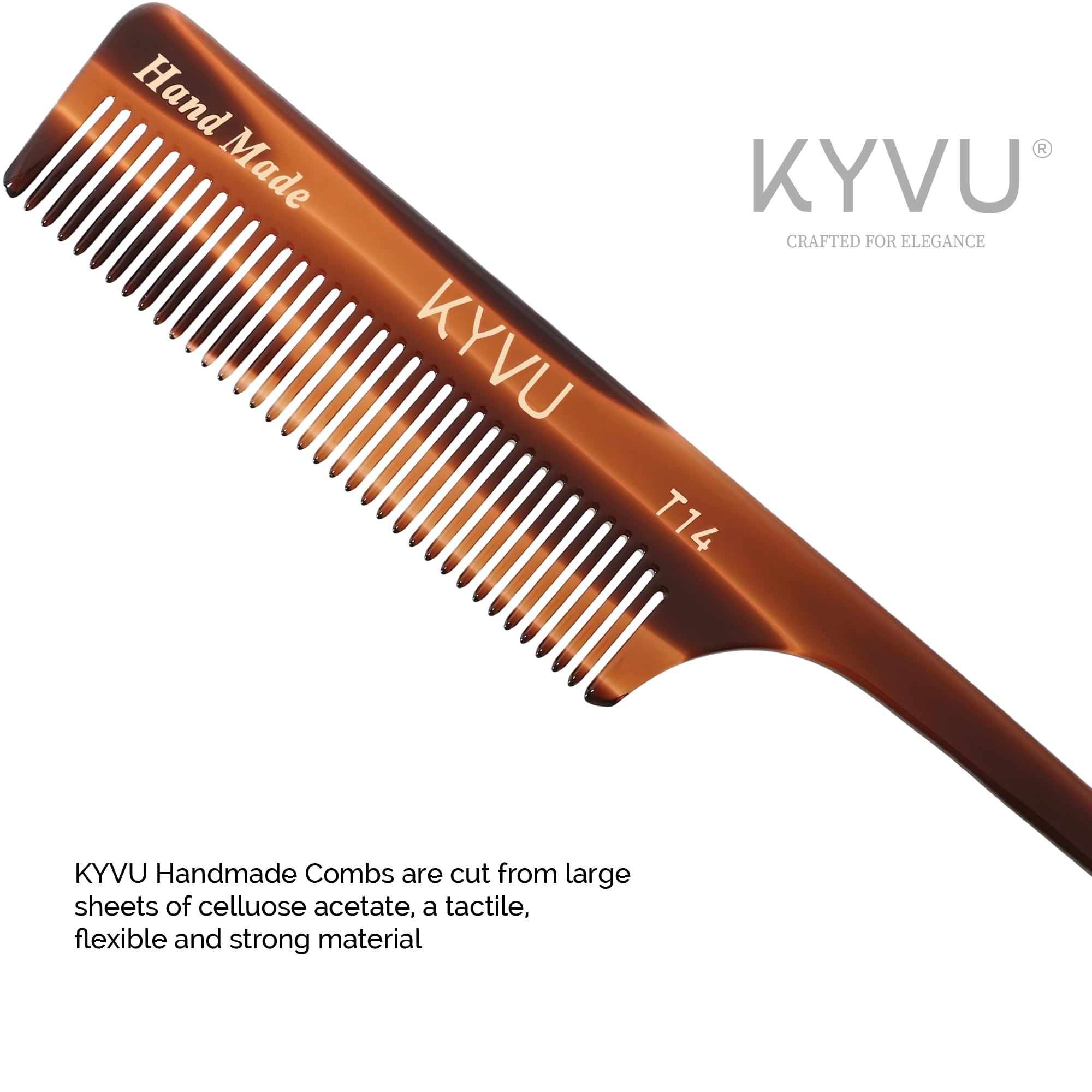 KYVU T14 Tail Comb with Handle - Handmade Fine-Tooth Styling Comb - 18.7 cm - Cellulose Acetate, Tortoiseshell Finish - Image 3