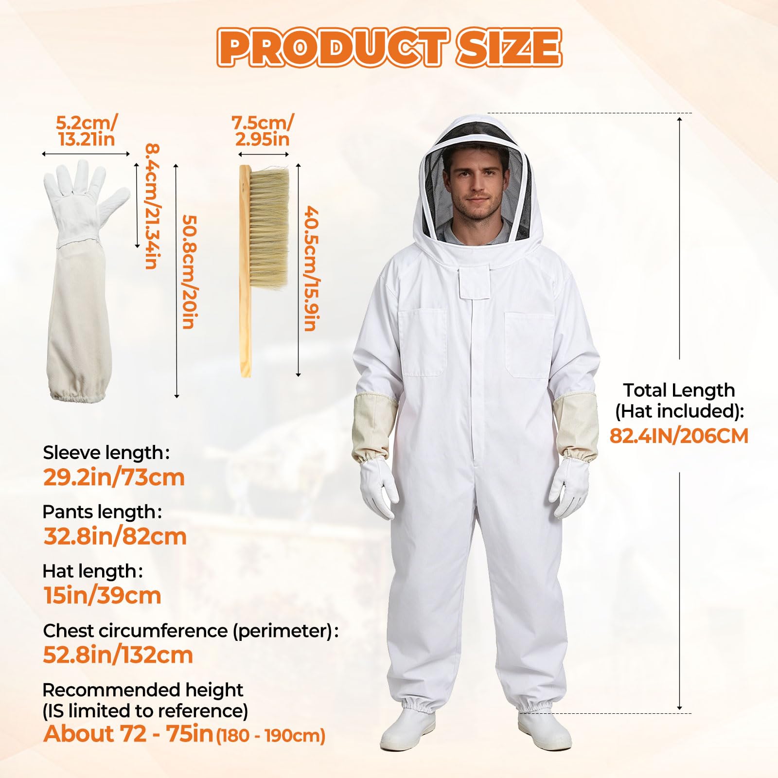 Imkeranzug mit Schleier Handschuhen und Bürste, Imker Ganzkörper Schutzanzug Unisex, Weiß Baumwoll Imker Kostüm für Berufsimker und Anfänger