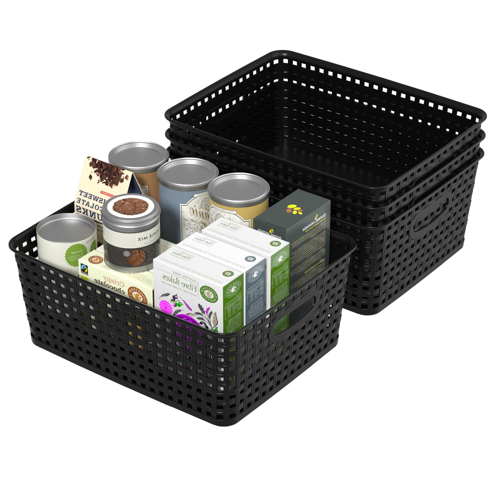 Confezione da 4 cestini portaoggetti in plastica intrecciata, misura media, colore nero