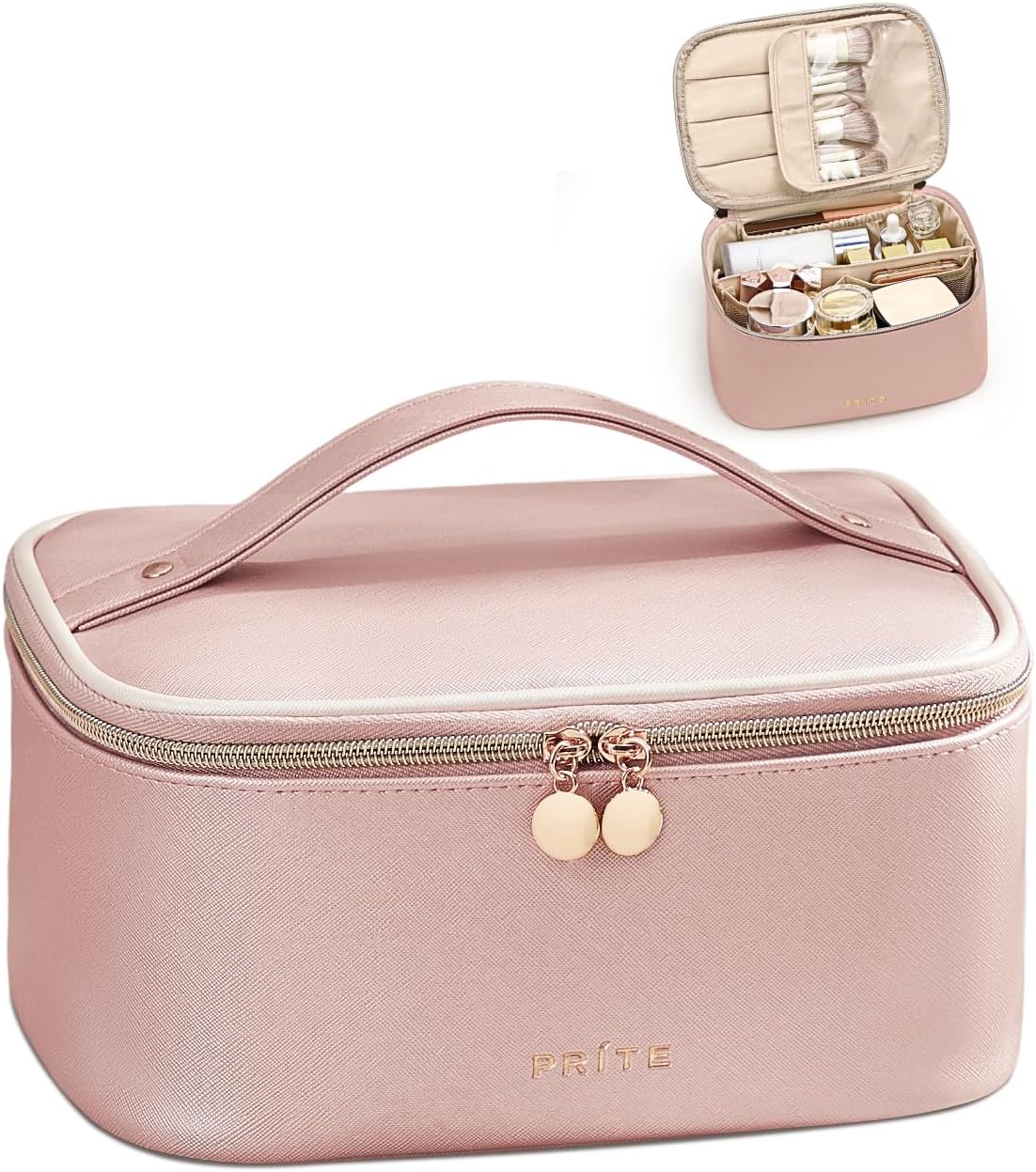Prite Makeup Bag, Large Capacity Portable Travel Cosmetic Bag, Waterproof Makeup Organizer for Women with Handle and Divider(Pearl Pink) Prite Makeup Bag, Large Capacity Portable Travel Cosmetic Bag, Waterproof Makeup Organizer for Women with Handle and Divider(Pearl Pink)