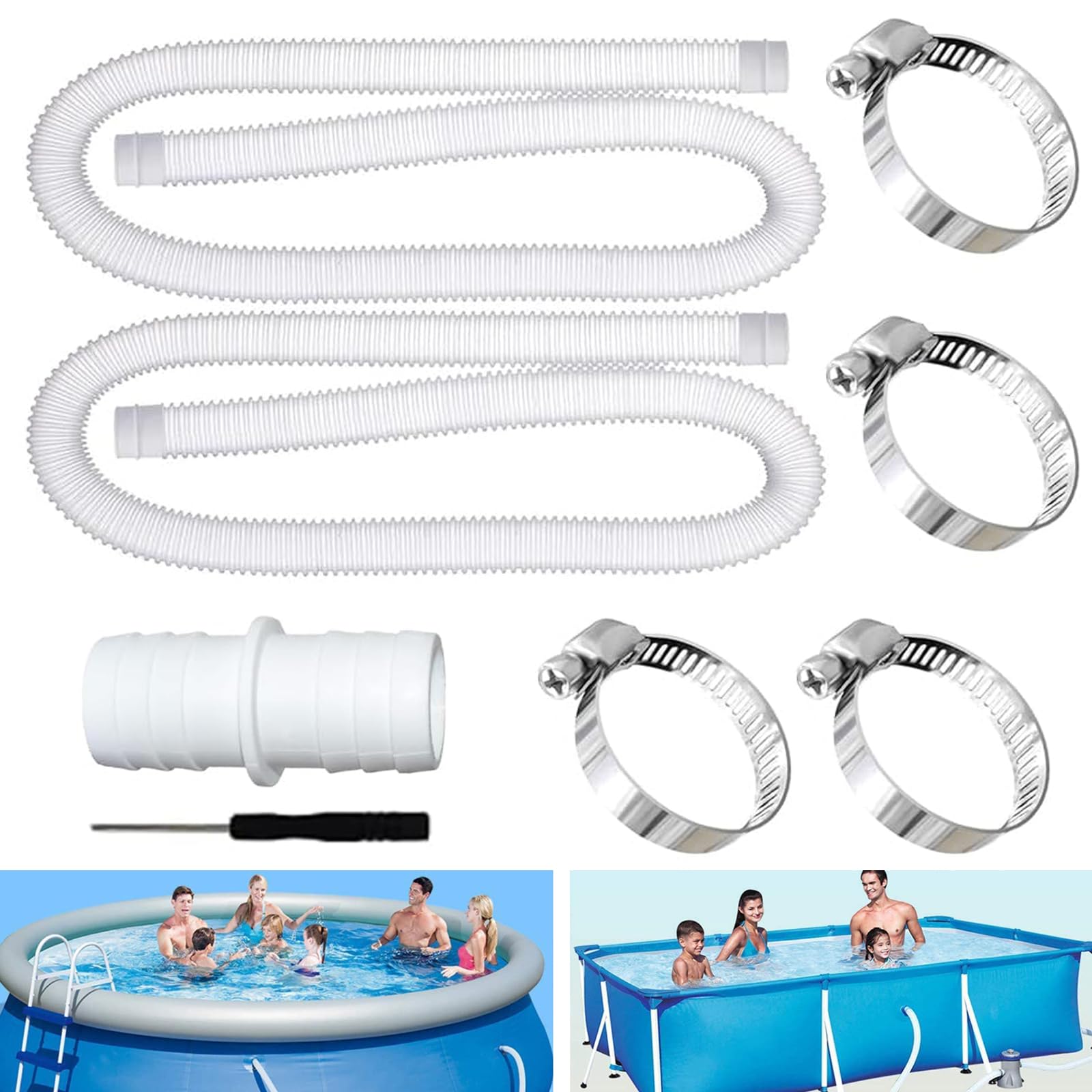 2 szt. Wąż basenowy 32 mm, z 4 metalowymi łącznikami, wymienny wąż do basenów, wąż do basenu