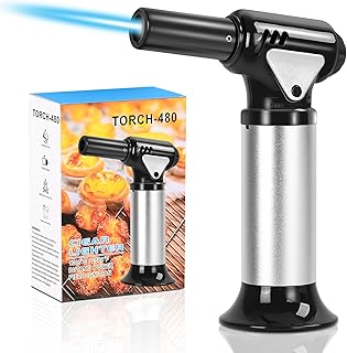 Butane Torch Lighter, Refillable Creme Brulee Torch with Safety Lock, Adjustable Flame Butane Torchs For Baking, Brulee, Creme, DIY Soldering, Crafts, BBQ (Gas Not Included)