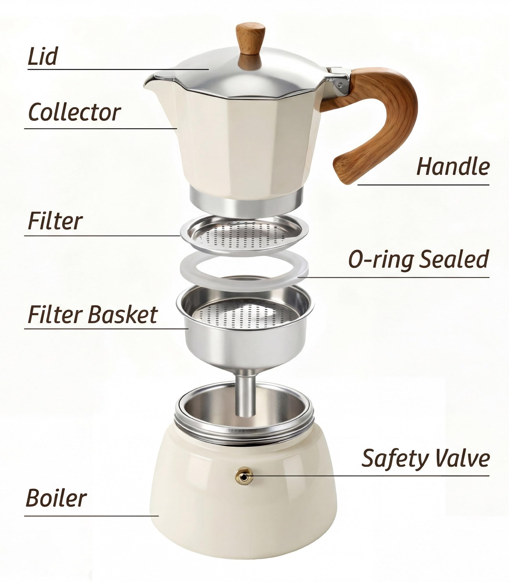 AGOGO Milano - Cafetera Moka, cafetera espresso para estufa, Greca, cafetera turca con filtro de papel, 6 tazas, color crema