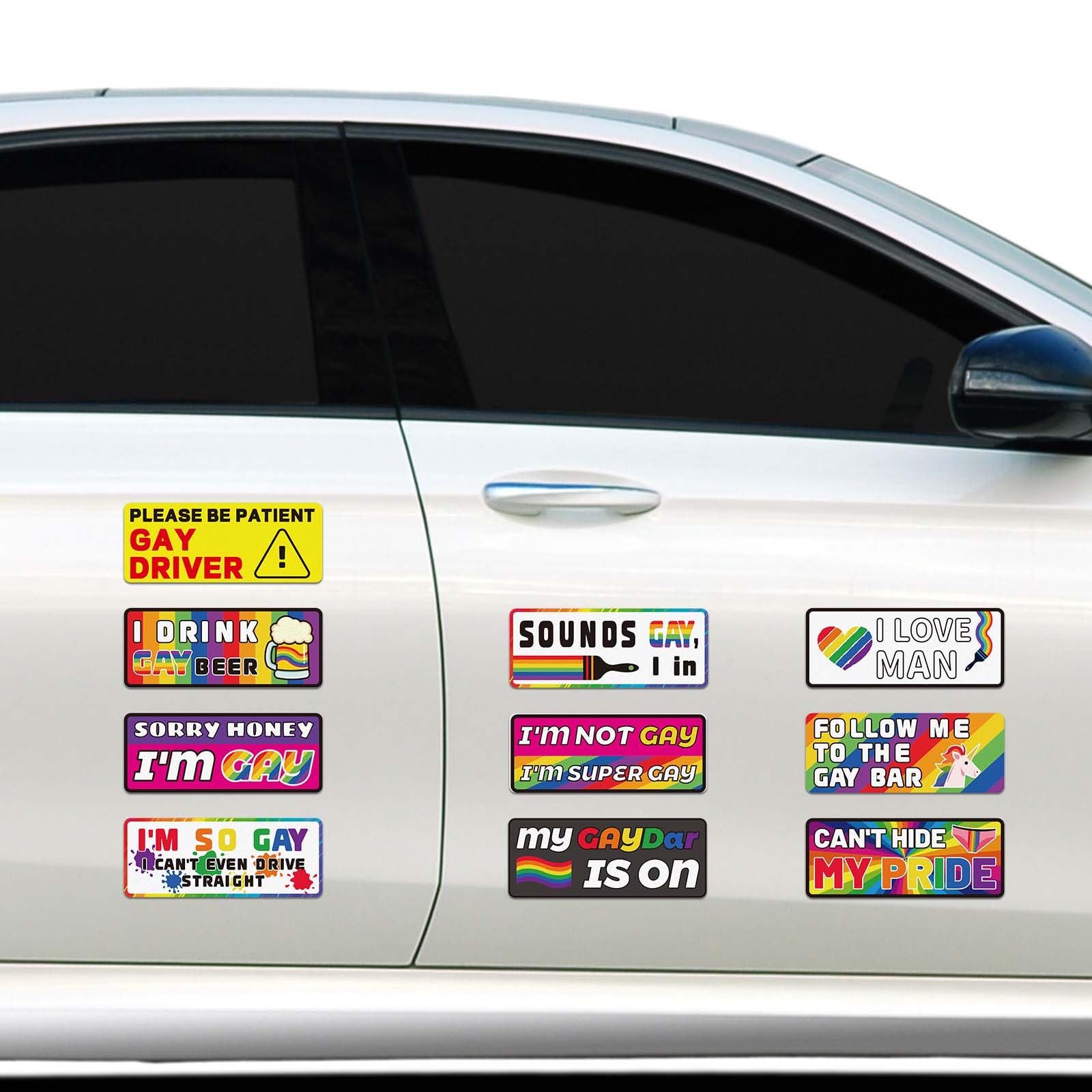 BOXOB 10pz Adesivi Divertenti per Paraurti Gay, Magneti Impermeabili Auto Divertenti Gay LGBT Magnetici Paraurti Adesivi Riflettenti Arcobaleno per Auto Veicoli e Camion