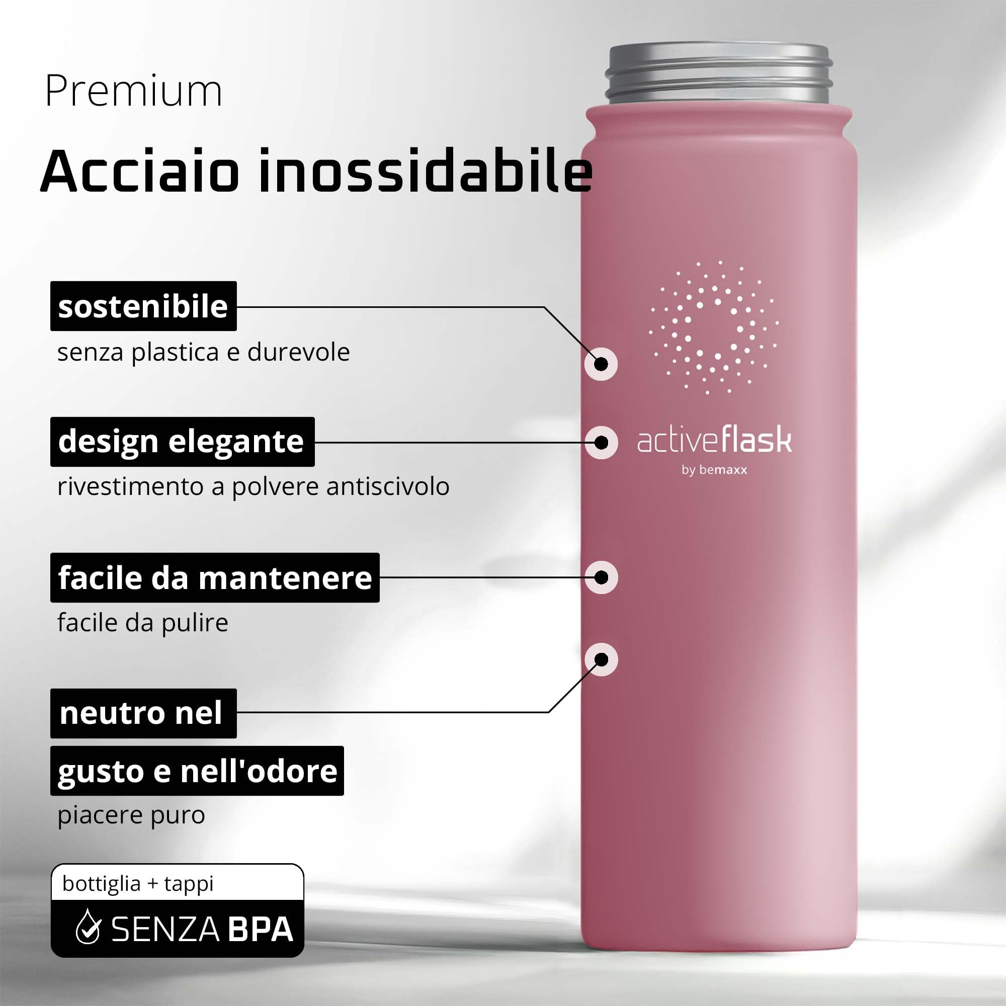 Bottiglia Acqua Termica INOX ACTIVE FLASK + Cannuccia (3 Tappi), Senza BPA, 1l/500ml | Borraccia Isotermica Acciaio - Caldo/Freddo, Ufficio Outdoor Sport Bicicletta viaggio fitness, Caffe Te