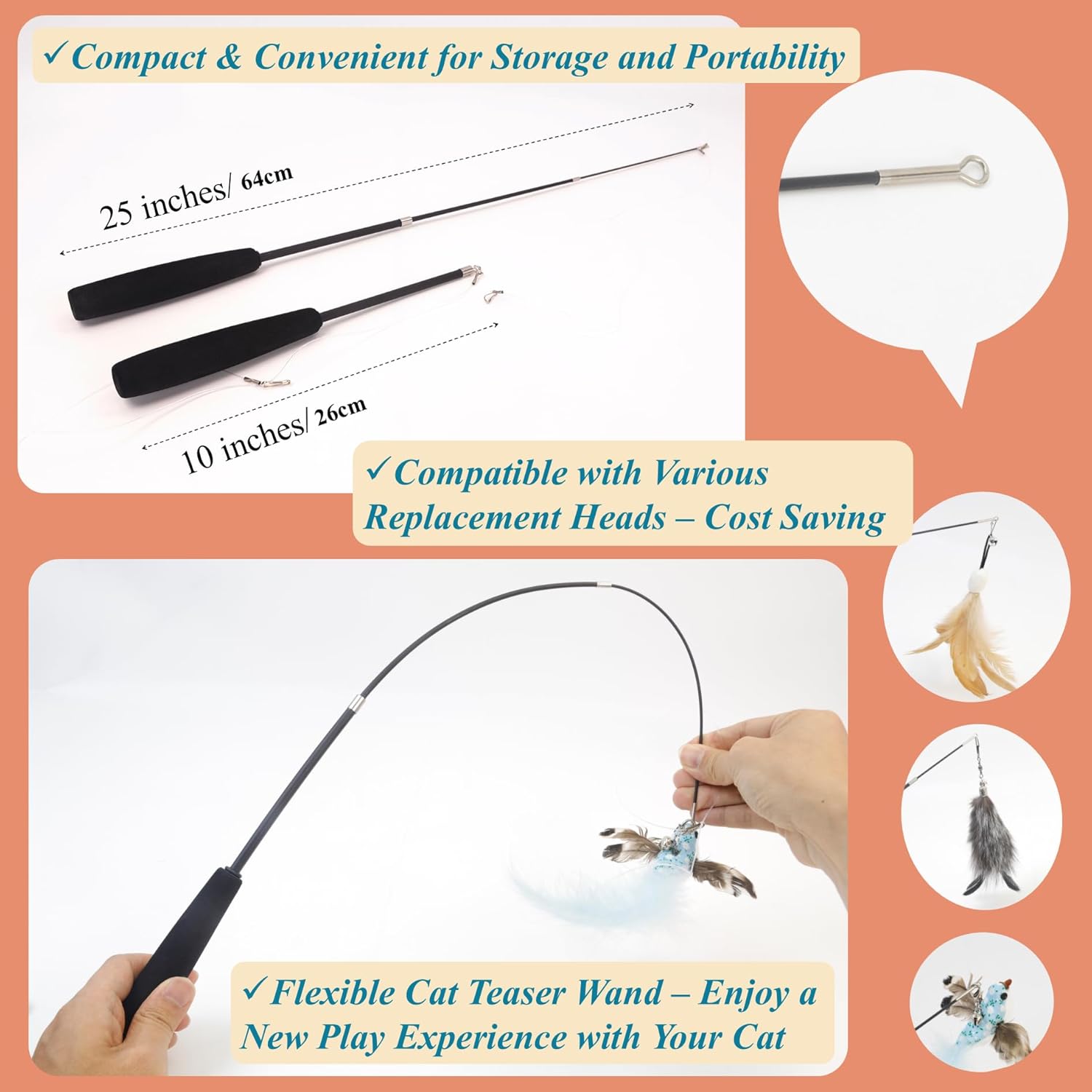 Interactive Cat Wand Toy with 4 Refills and Storage Box – Collapsible Cat Teaser Stick with Catnip Lure, Insect & Ribbon Attachments – Feather Cat Toys for Indoor Cats Enrichment