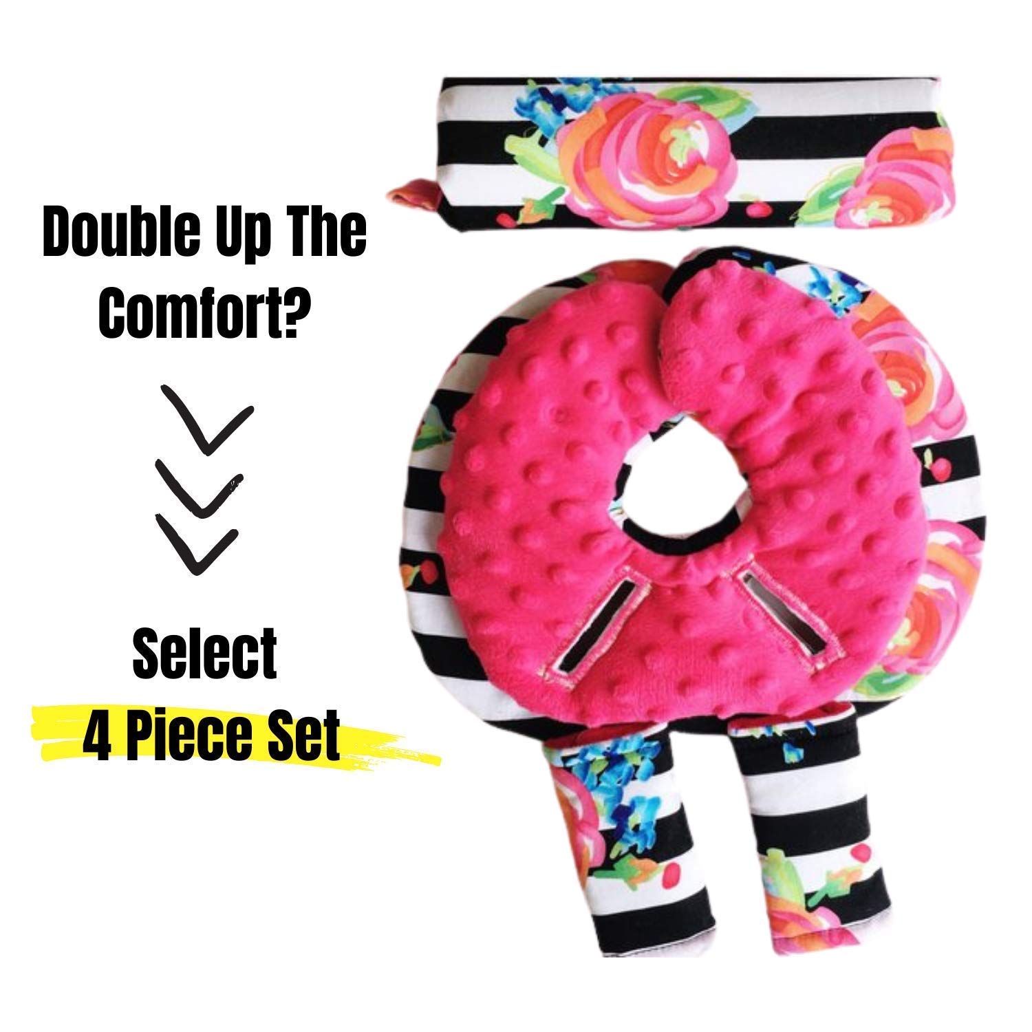 Infant Car Seat Head Support Set, Watercolor Floral and Black White Stripes, Newborn Head Rest, Baby Strap Covers, Carry Cushion