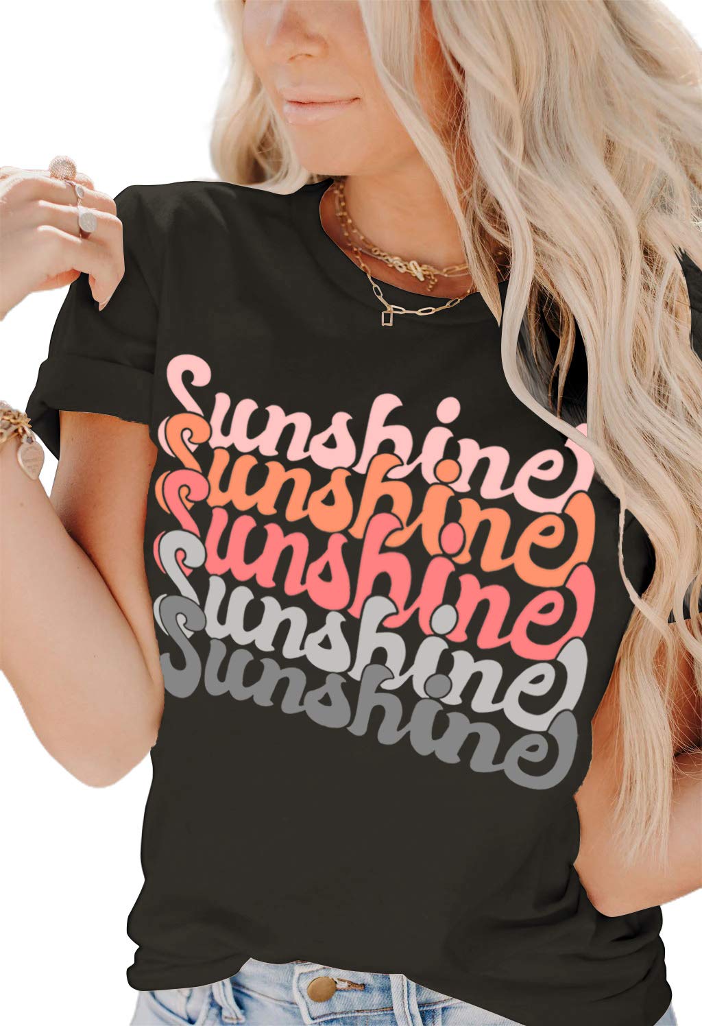 INFITTY Womens Funny Letters Print T Shirts Short Sleeve Shirts Cute Sunshine Graphic Tees Summer Casual Loose Tops