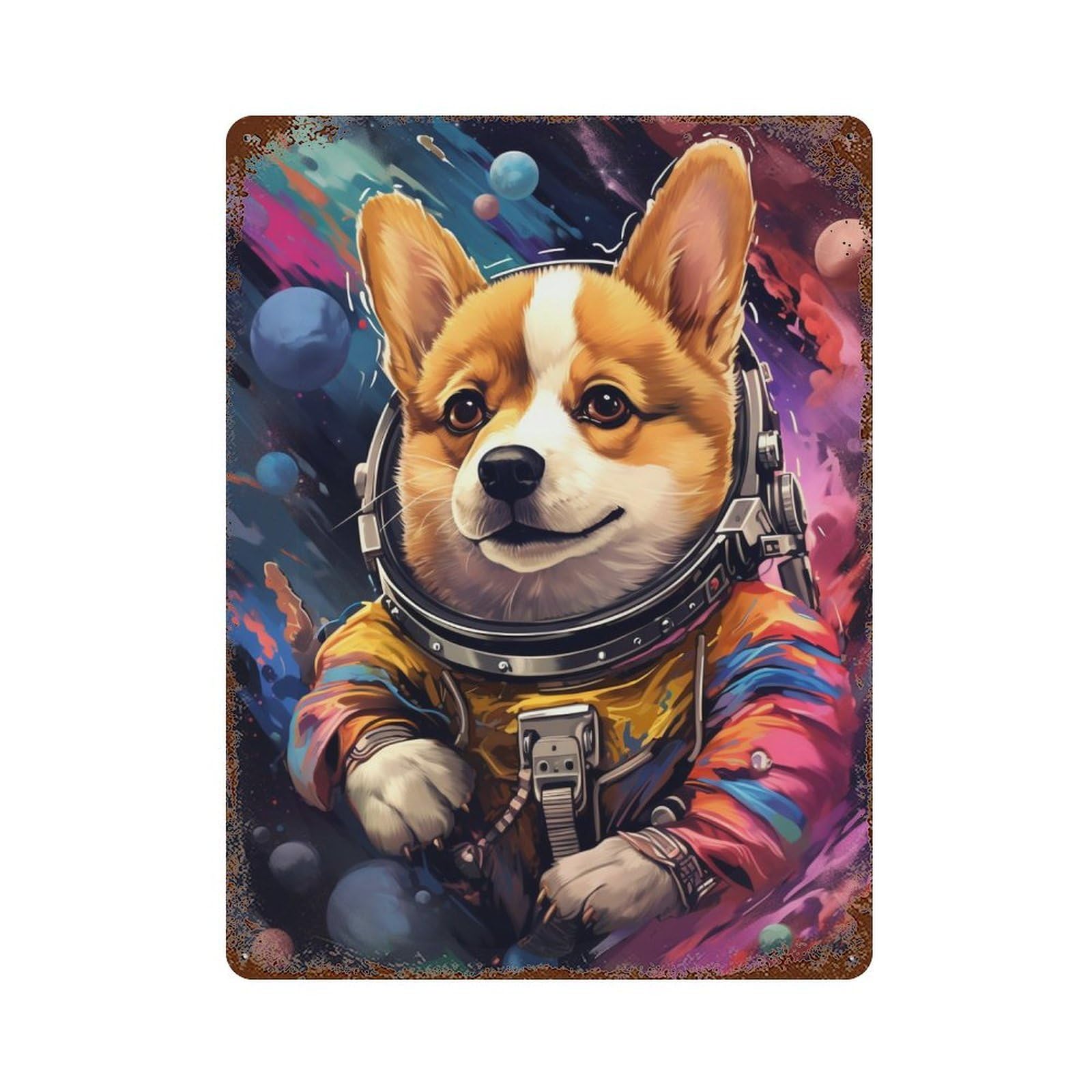 Garage Style Corgi Astronaut in Space -7 Rusty Metal Tin Sign 15.7"x11.8", Novelty Wall Decor for Bar And Workshop