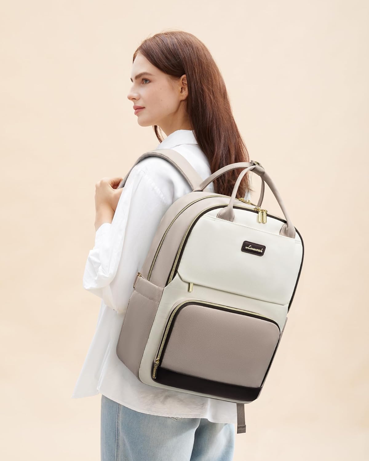 LOVEVOOK Laptop Backpack for Women with Giant Tumbler Holder Pocket, 15.6 inch Travel Work Backpack Purse for Teacher Nurse, Waterproof College Book Bag Cute Casual Daypack, Beige-Nude - Image 2