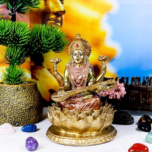 BangBangDa Diosa hindú Señor Saraswati estatua  Ídolo indio de la música sentado en la escultura de loto  Figura de Dios de la India para el hogar,