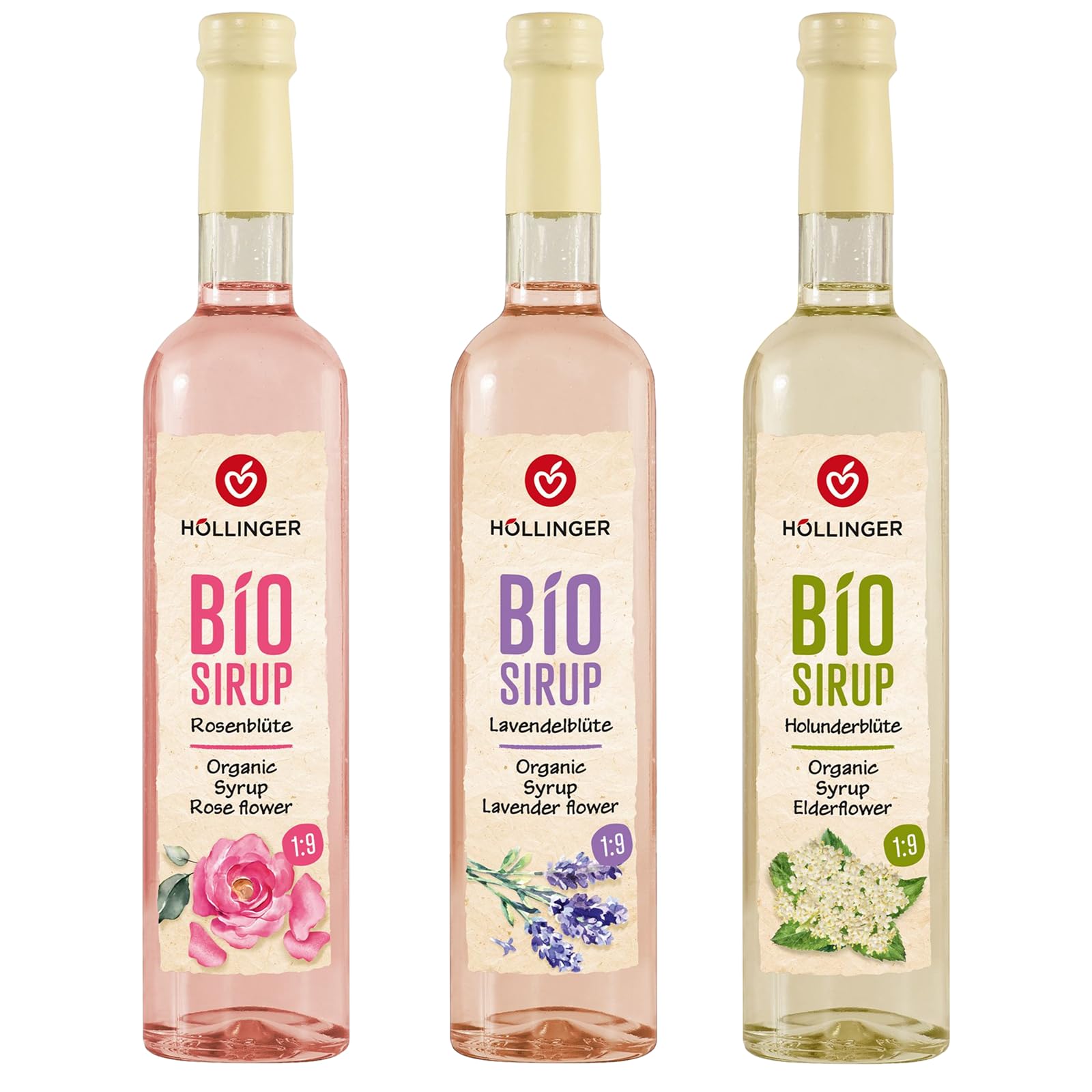 Höllinger Bio Blütensirup Set, Lavendelblüte, Rosenblüte, Holunderblüte, Vegan, 3 x 500ml, Getränkesirup ohne Konservierungsstoffe