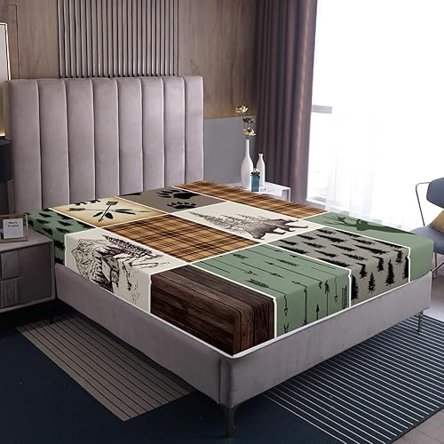 Miniatura 223 de Sábana bajera ajustable de oso de caza, juego de ropa de cama a cuadros de búfalo, sábanas de retazos de cabaña rústica para niños, niños, Multi