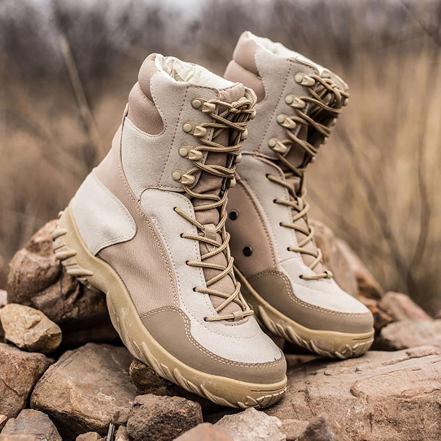 CLSQLXYJZC Outdoor Desert Tactical Boots, Non-slip Wear-resistant Waterproof Rubber Outsole Military Boots, Lightweight Lace-up Sports Breathable Trekking Boots